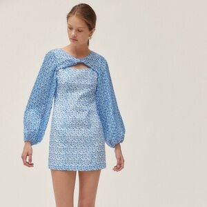 C/Meo Collective Sz L Floral Blue Cottagecore Puff Pleated Sleeves Mini Dress